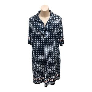Max Studio Navy and White Patterned Dress Sz L Casual Lightweight V-neck Collar